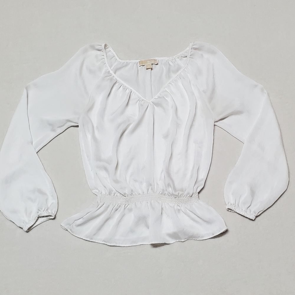Retro Michael Kors Pearl Crinkled Satin Raglan Sleeve Smocked Waist Blouse Med - Picture 2 of 10